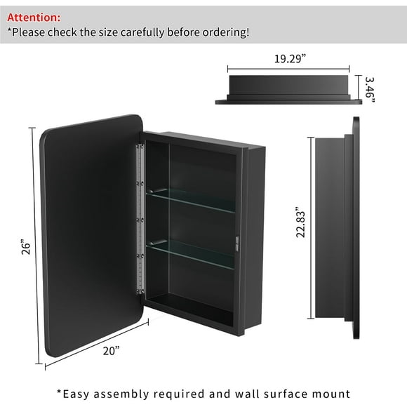 YOTRON Black Medicine Cabinet Mirror20x26 Inch Recessed Metal Framed Medicine Cabinet for Bathroom with MirrorAdjustable Shelves Rounded Rectangle Bathroom Medicine Cabinet