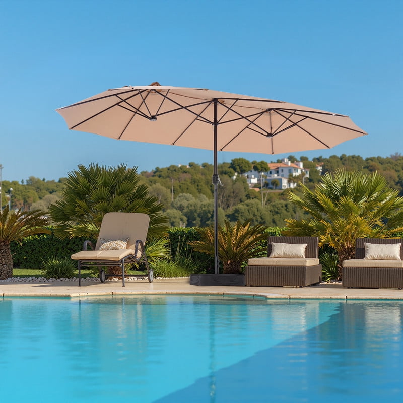 Gianna 15 FT Triple Head Patio Umbrella, 12-Rib Design with 135 SQ FT Coverage, UV50+ Waterproof Canopy Includes Sandbox Base for Outdoor Patio Camping，Khaki