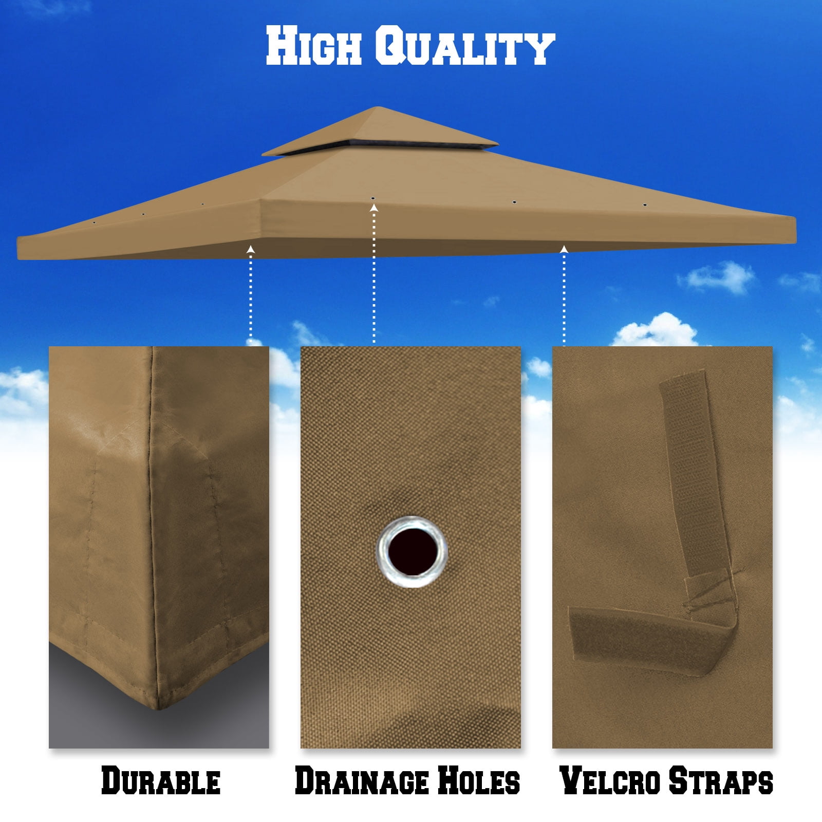SUNNY 10x10 FT Gazebo Replacement Canopy Top Double Tier Canopy Top Cover (Tan)