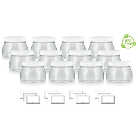 White Smooth Lid - 8 oz / 240 ml Clear PET Plastic (BPA Free) Tuscany Refillable Jar with White Lid - (12 pack) + Labels