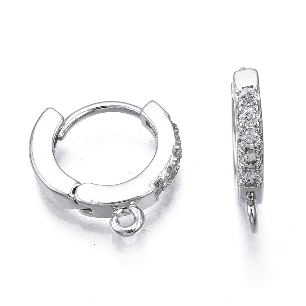 40pcs Brass Micro Pave Cubic Zirconia Huggie Hoop Earring Findings with Horizontal Loop Nickel Free Clear Platinum 13.5x12x2.5mm Hole: 1mm Pin: 0.8mm