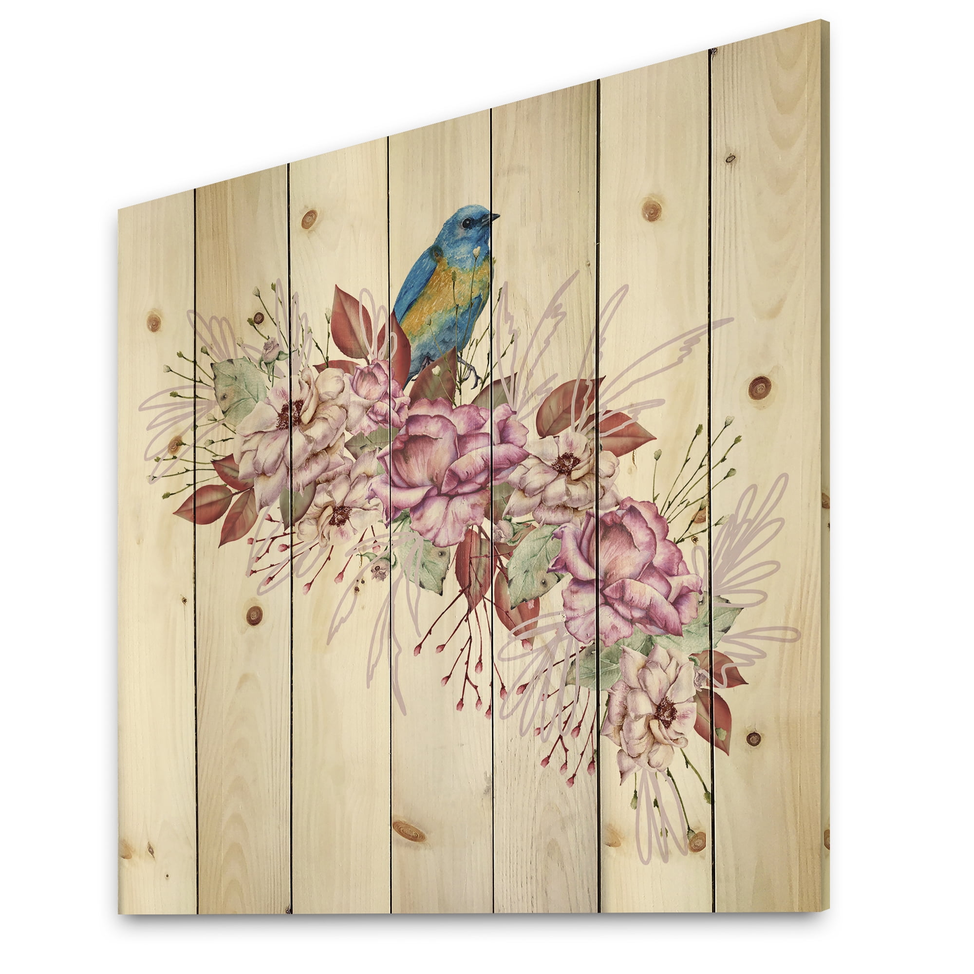 Designart 'Little Blue Bird Sitting On Colorful Boquet of Flowers' Traditional Print on Natural Pine Wood