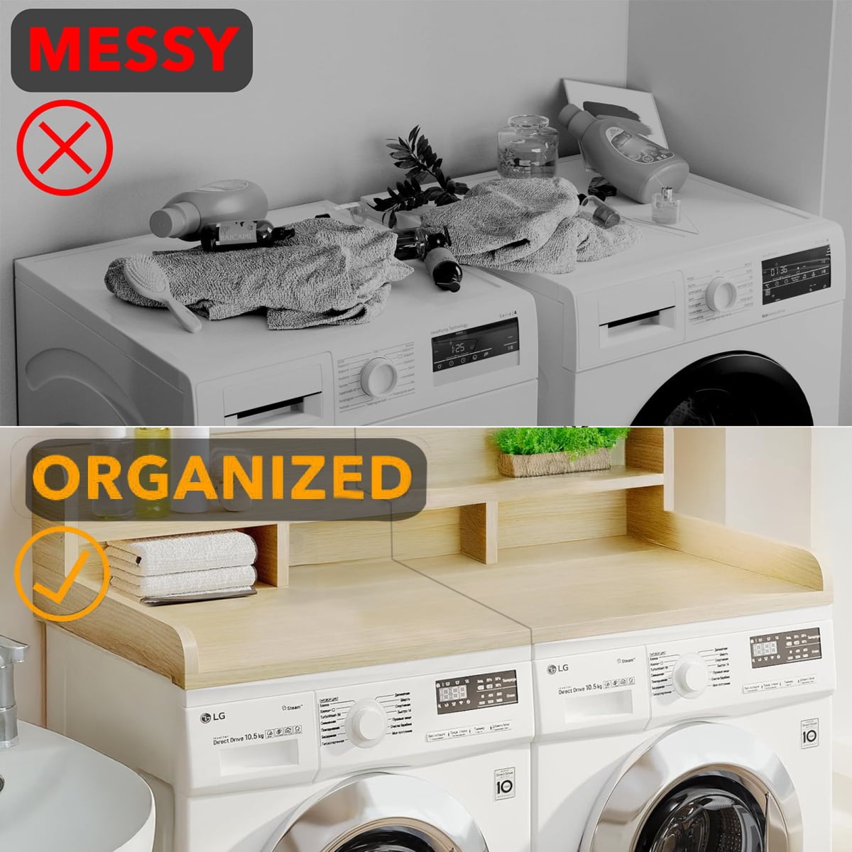 54" x 27.5" Double Layer Washer Dryer Countertop  Oak  Laundry Wood Shelf Topper with Non-Slip Pads & Edge for Laundry Room Storage Organization