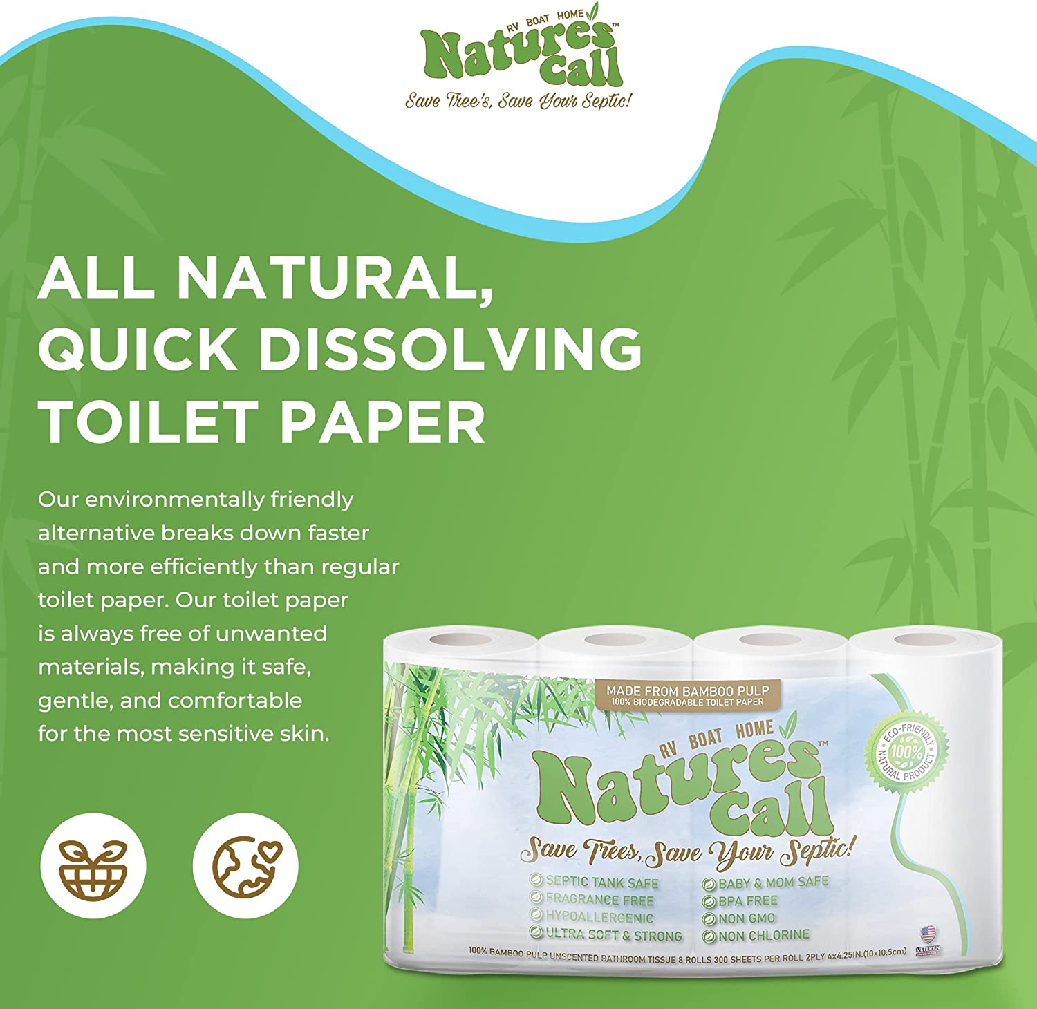 RVs, Boats & Home 100% Bamboo by - 2-Ply, Soft, Strong, Tank Safe & Quick Dissolve Camper Toilet Tissue - Marine, Camping & Travel - FSC Certified (8 Rolls)