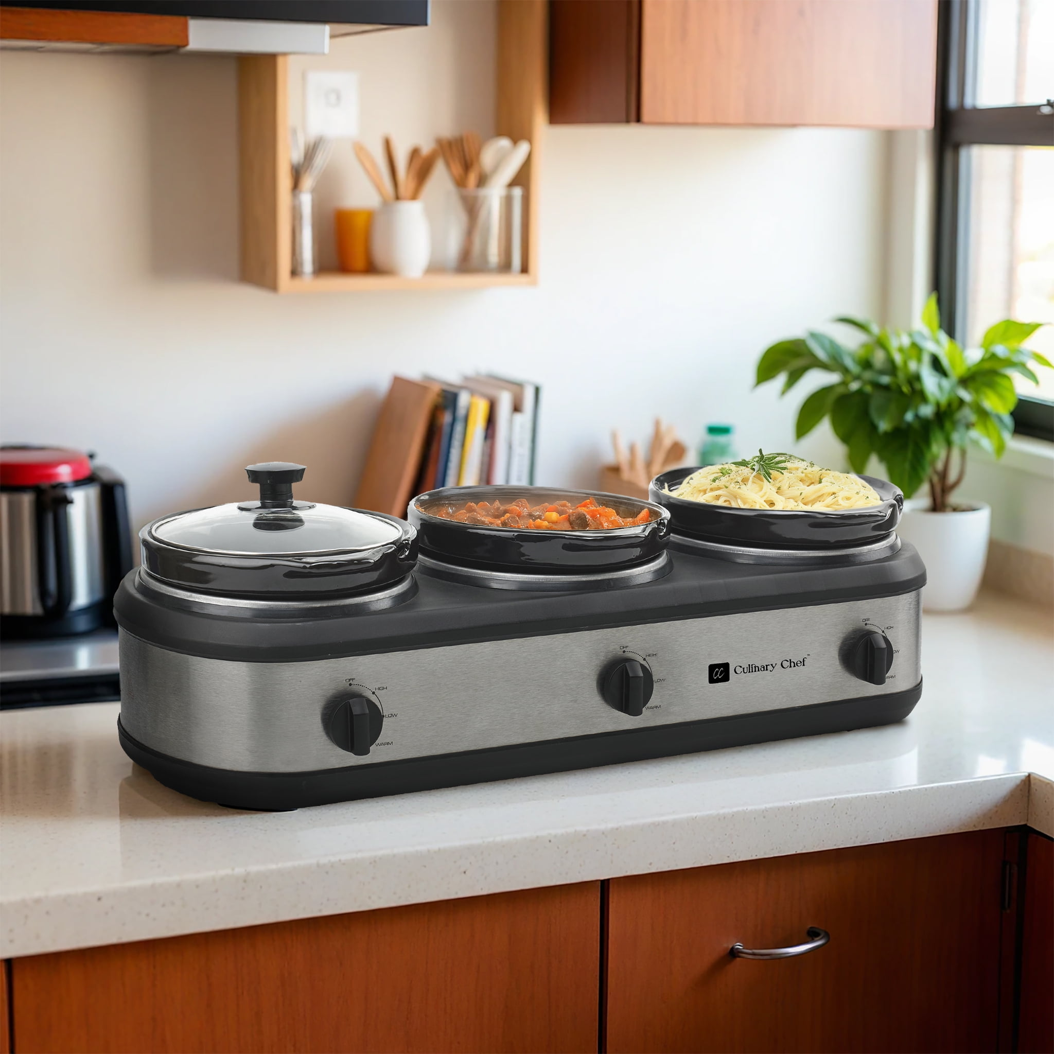 Culinary Chef 3 x 2.5 Qt. Triple Slow Cooker, Individual Temperature Controls, Tempered Glass Lids, Stainless Steel