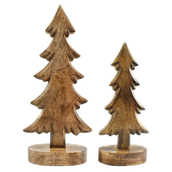 AuldHome Design Wooden Christmas Trees (Set of 2, Natural); Tabletop Handmade Wood Trees w/ Rectangular Base for Holiday Home Decor