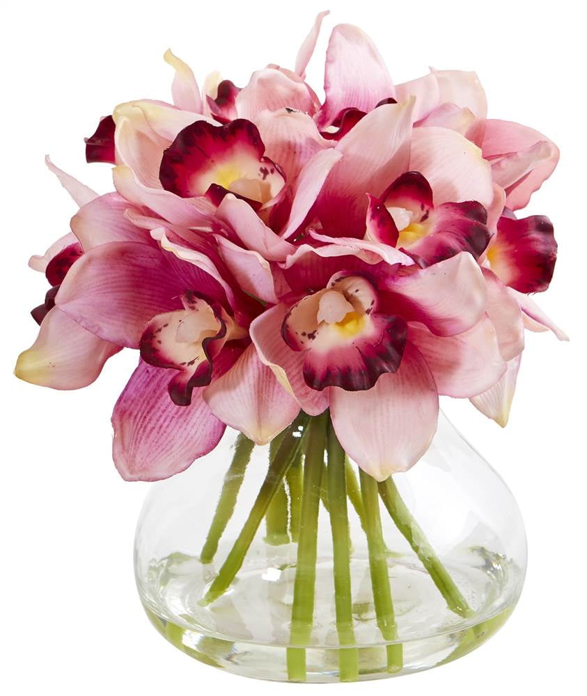 Nearly Natural Cymbidium Orchid Artificial Arrangement in Glass Vase
