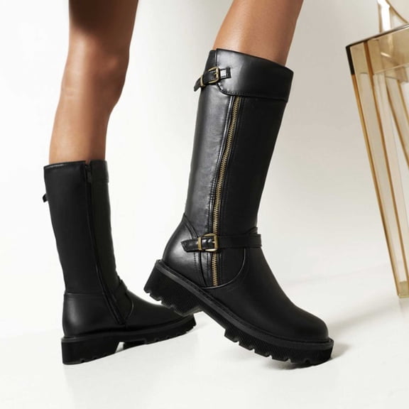 Women's High Boots Belt Square Toe Chunky Heel Zipper Tall Boots Motorcycle Long Boots