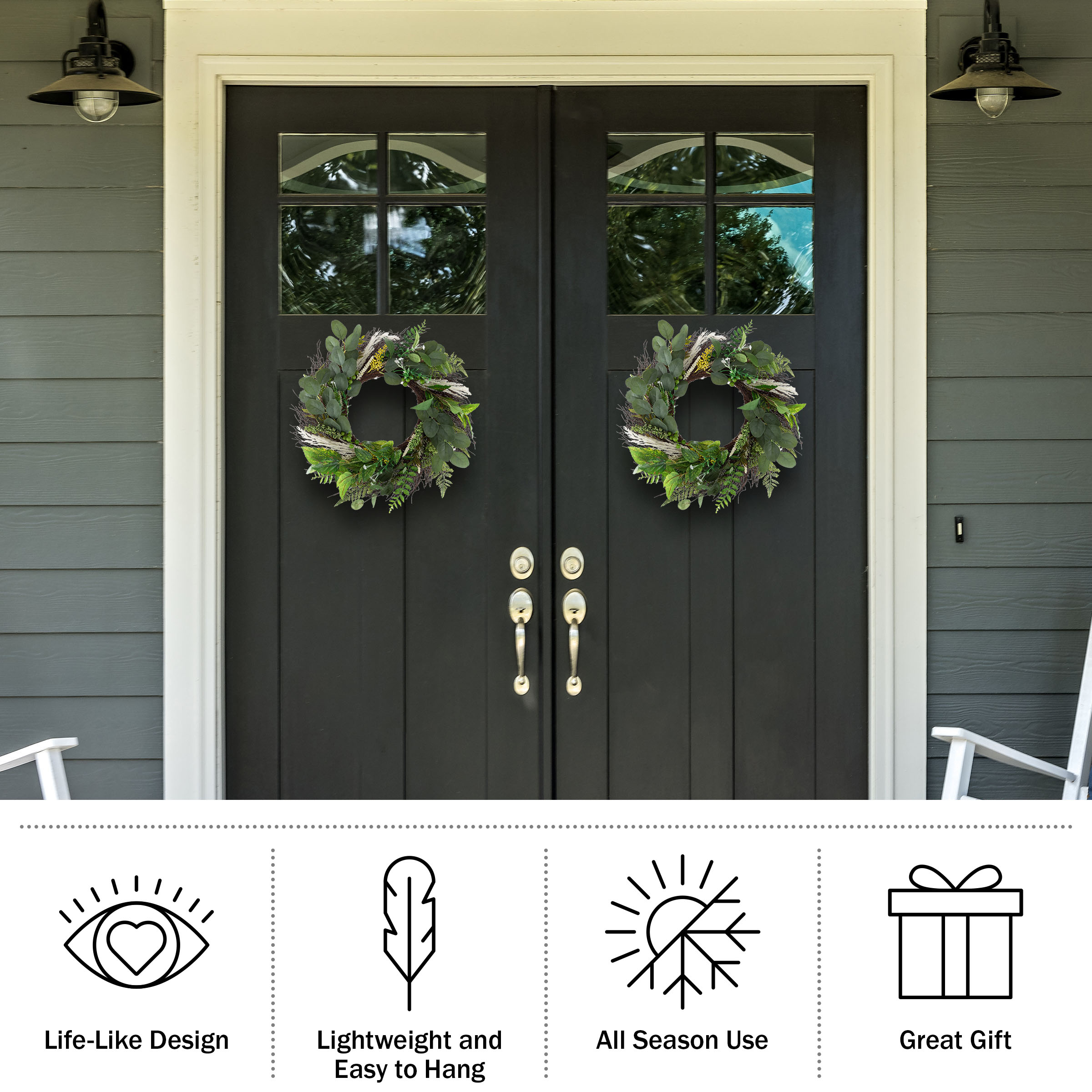Pure Garden Set of Two 22-Inch Artificial Sweet Anne Eucalyptus Wreaths