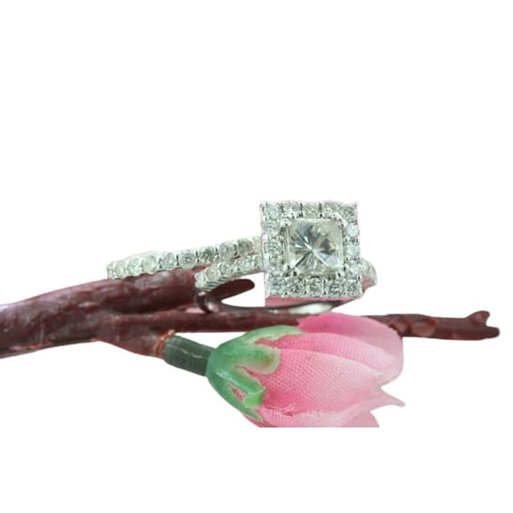 HeartsAndYou Halo Bridal Set Engagement Ring for Women 2ct Princess Cut Moissanite 18k White Gold Over Silver