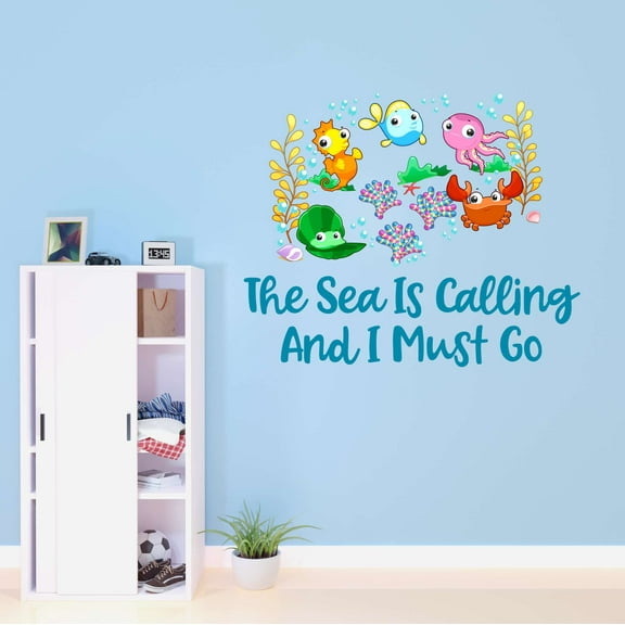 The Sea Is Calling Me Under Water Sea Creatures Crab Octopus Fish Seahorse Clam Shellfish Urchin Kelp Queen Sweet Dreams Bedtime Unicorn Holiday Decorating Wall Decal Sticker - Size: 30 In X 24 In