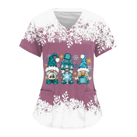 

TAIAOJING Women Scrubs Top Christmas Print Short Sleeve V Neck Workwear T Shirt Top WIth Pocket