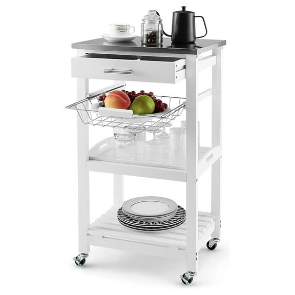 Kitchen Island Cart with Wheels, 4-Tier Rolling Utility Cart - Stainless Steel Top, White Wood Finish, Butcher Block Style, for Kitchen, Dining Room, Hotel