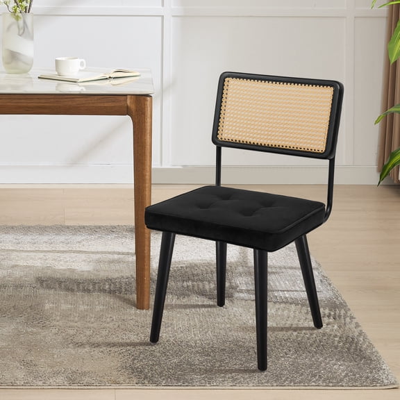 Elegant Rattan & Soft Dining Chair, Tall Cane Back Ideal for Kitchen or Dining Room, Black Velvet (1PC)