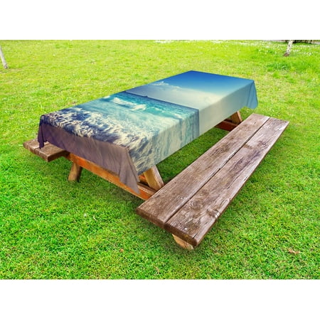 

Ocean Outdoor Tablecloth Tropical Island Paradise Beach at Sunset Time with Waves and the Misty Sea Image Decorative Washable Fabric Picnic Tablecloth 58 X 120 Inches Cream Turquoise by Ambesonne