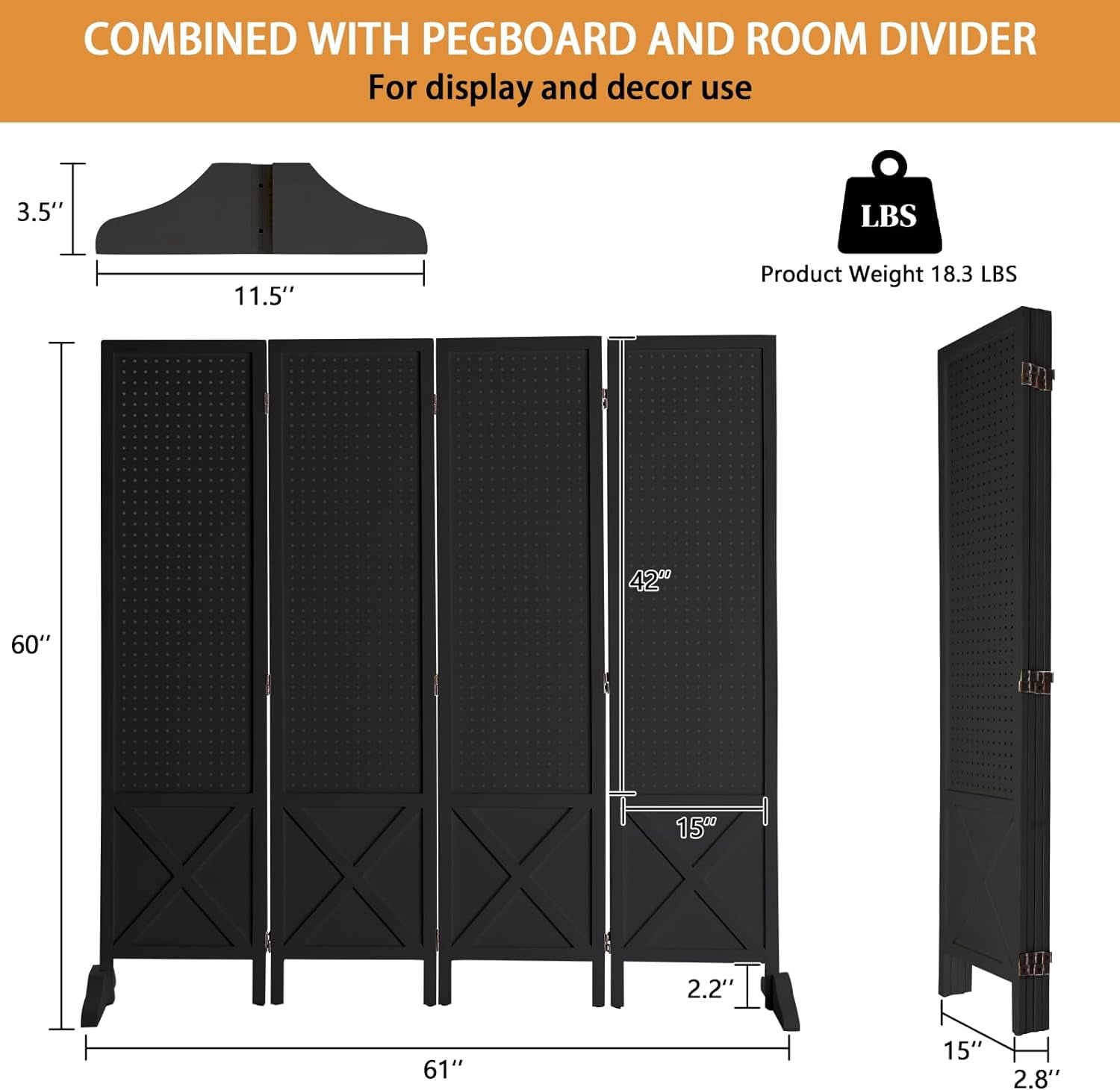 VINGLI Freestanding Pegboard with Support Feet, 5 FT Wood Room Divider Display Board Organizer, Folding Privacy Screen Partition Space Separator for Craft Shows Events Retail