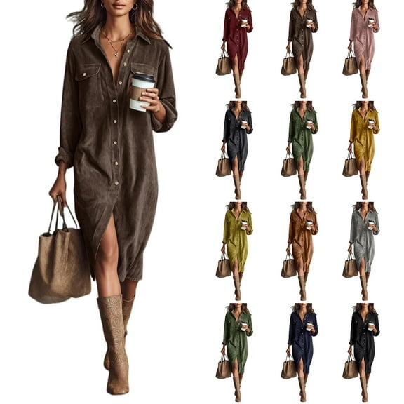 Women's Loose Button Down Corduroy Shirt Dress, Long Sleeve Lapel Midi Dress, Retro Casual Everyday Dress