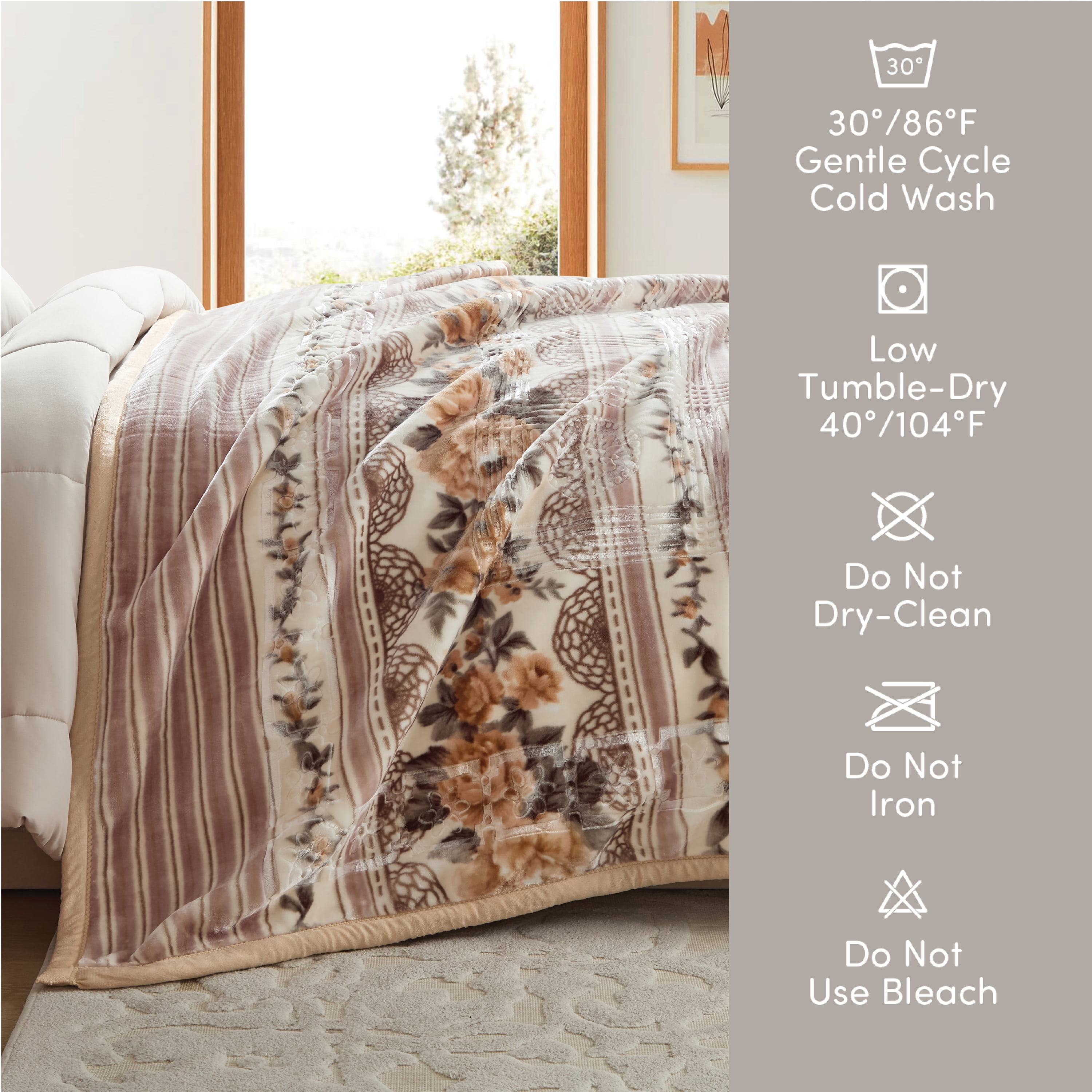 Lammaloe King Size Korean Mink Fleece Blanket, 12 lbs, 87" x 94", Heavy 2-Ply Warm Heavyweight Raschel Bed Blankets, Reversible Printed, Beige Floral