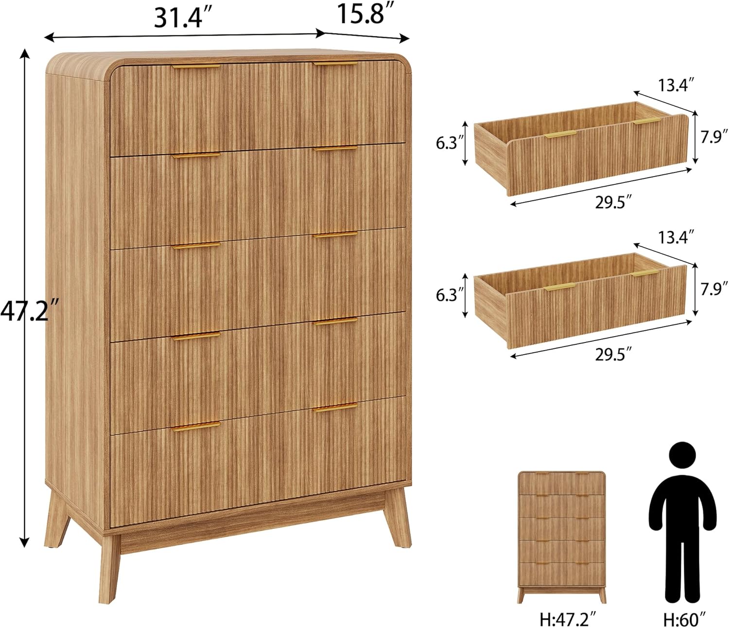 Akaber Tall Dresser, 5 Drawer Dresser for Bedroom, Fluted Dresser with Curved Profile, Organizer Storage for Living Room Entryway