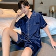 thumbnail image 1 of Pijama tipo cárdigan con solapa de seda de hielo de verano para hombre, pantalones cortos sencillos de manga corta, traje de color sólido, ropa para el hogar, 1 of 5