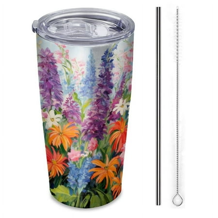 

vibrant painting of colorful wildflowers-Insulated Car Cup 20 oz Stainless Steel Travel Tumbler with Reusable Straw & Brush Hot & Cold Drinks Coffee/Tea/Office/Outdoor Drinkware
