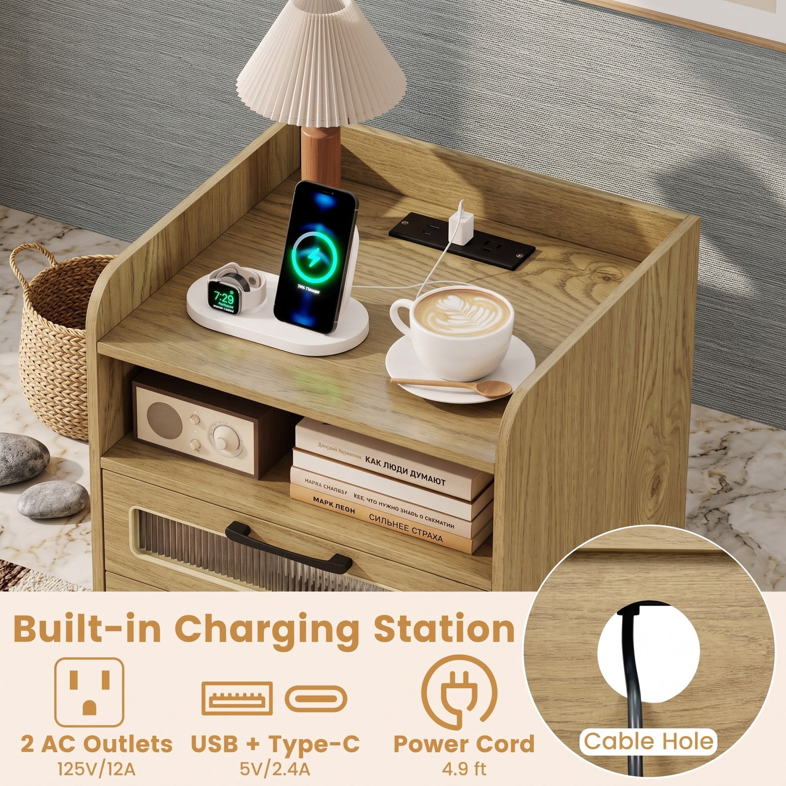 Furnibear Mid Century Nightstand with Charging Station and LED Lights, Bedside Table with 2 Drawers and Open Shelf for Bedroom, Natural