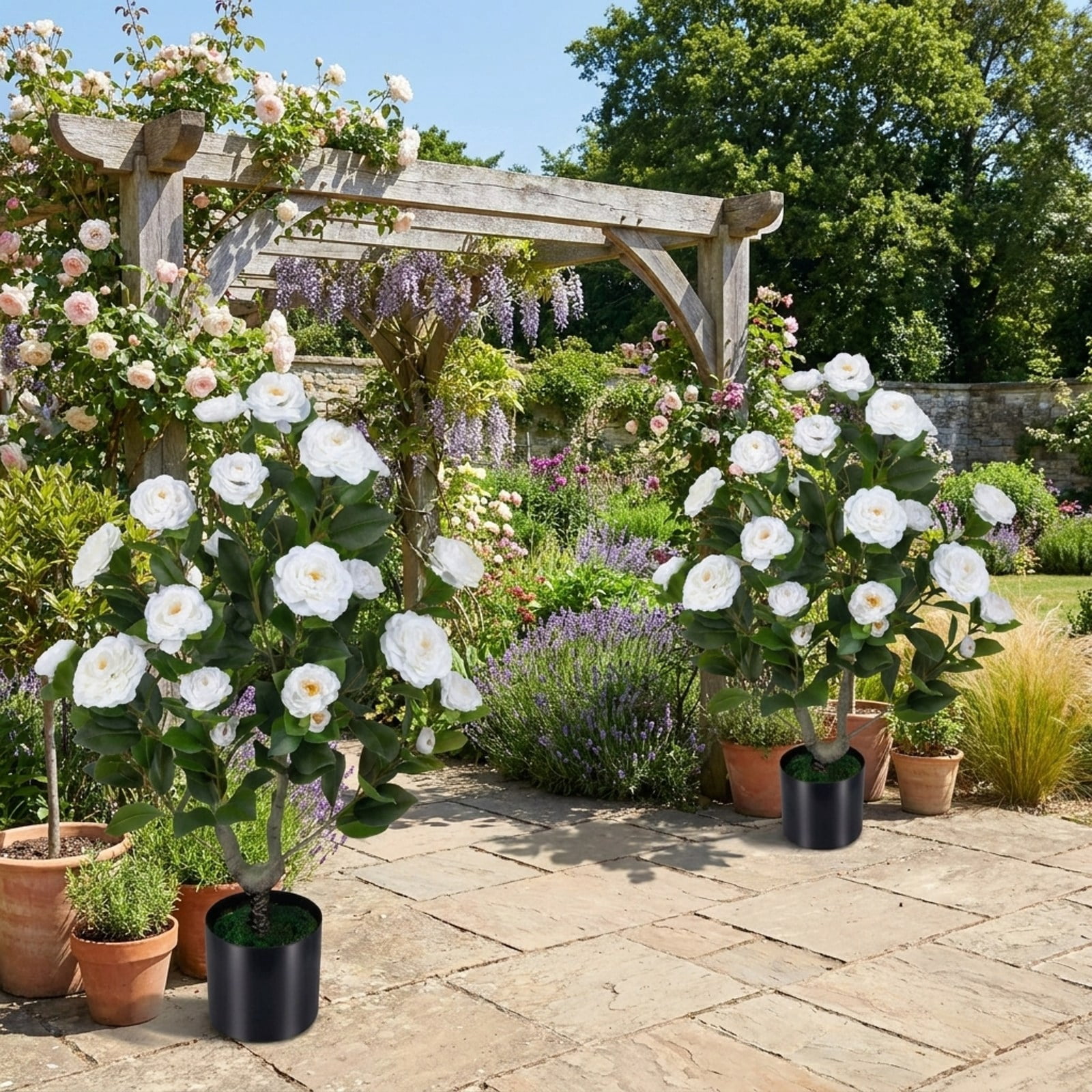 Vebreda Artificial Plant Decor, Artificial Camellia Tree Faux Flower Plant in Cement-Filled Pot, Lifelike & Elegant Design, Selected PE Materials
