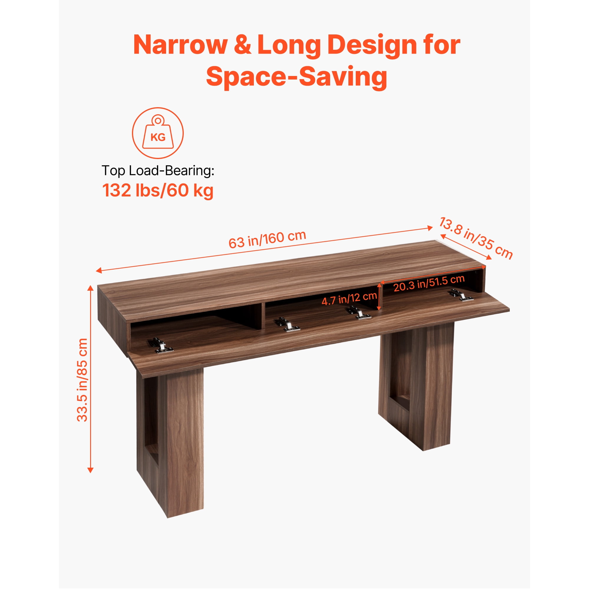 KFFKFF 63-inch Console Table, Wooden Rectangular Entryway Desk, Farmhouse-Style Sofa Table for Hallway, Bedroom, Living Room, or Foyer, Easy to Assemble, Brown