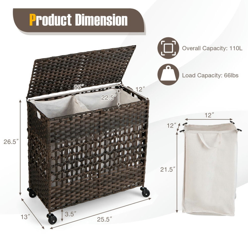 Finihen Laundry Hamper, Laundry Basket, 110L 2-Section Laundry Hamper with 2 Removable and Washable Liner Bags, for Bathroom, Laundry Room, Brown Finihen Laundry Hamper, Laundry Basket, 110L 2-Section Laundry Hamper with 2 Removable and Washable Liner Bags, for Bathroom, Laundry Room, Brown