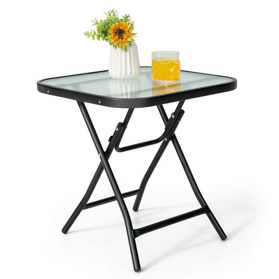 Gymax 18'' Foldable Patio Side Table Square Coffee Bistro Table w/ Tempered Glass Table Top