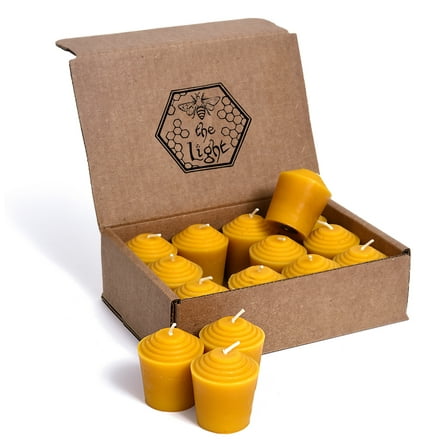 BeeTheLight Beeswax Votive Candles - 12 Pack, Over 180 Hours - 100% Pure Bees Wax - Unscented - All Natural Light Honey Scent