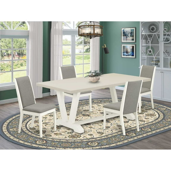 East West Furniture V027LA206-5 5-Piece Awesome a Great Linen White Kitchen Rectangular Table Top and 4 Amazing Linen Fabric Solid Wood Leg Chairs with Stylish Chair Back, Linen White Finish