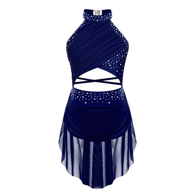 Raenseen Robe de Danse Ballet Jazz pour Filles, Justaucorps de Patinage Artistique, Strass Brillants, Robe de Bal Sans Manches, Bleu Marine 16
