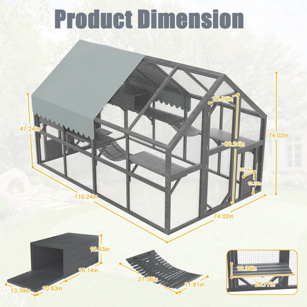 Large Wooden Outdoor Cat Enclosure with 7 Platforms, Resting Boxes & Waterproof UV-Proof Canopy
