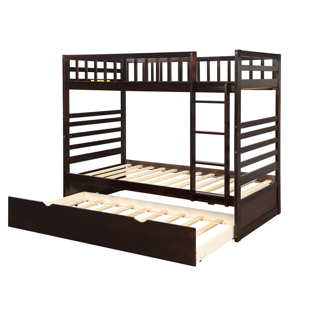 Private Jungle Solid Wood Twin Bed, Over Twin Bunk Bed with Trundle, Espresso