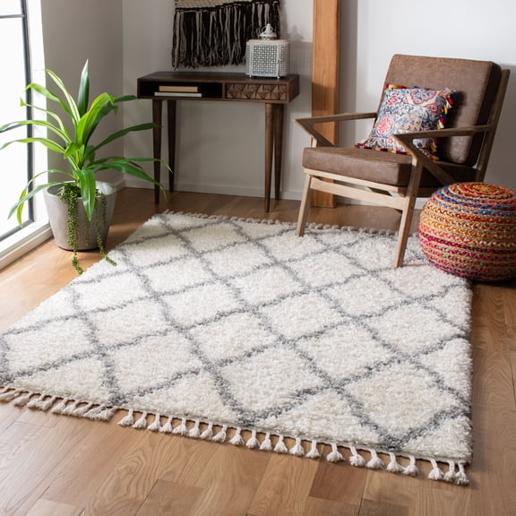 Safavieh Moroccan Tassel Tangier Geometric Shag Area Rug, Ivory/Light Gray, 8' x 10'
