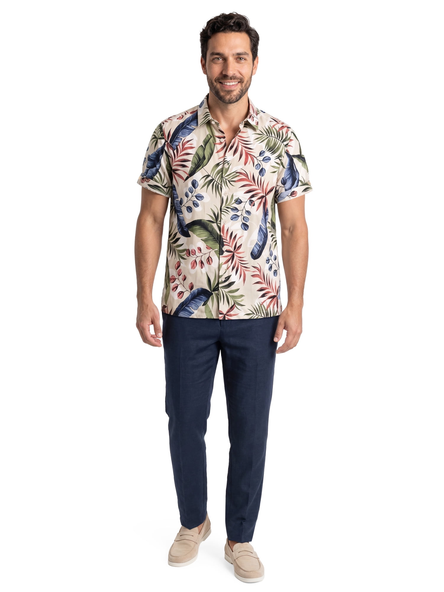 Cafe Luna Men’s and Big Men’s Tropical Leaf Print Short Sleeve Button-Down Shirt, S-5XL