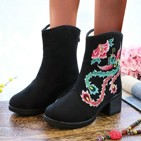 

ZMHEGW Women Boots Embroidery High Heels Tassel Flowers Ankle Boots Shoes