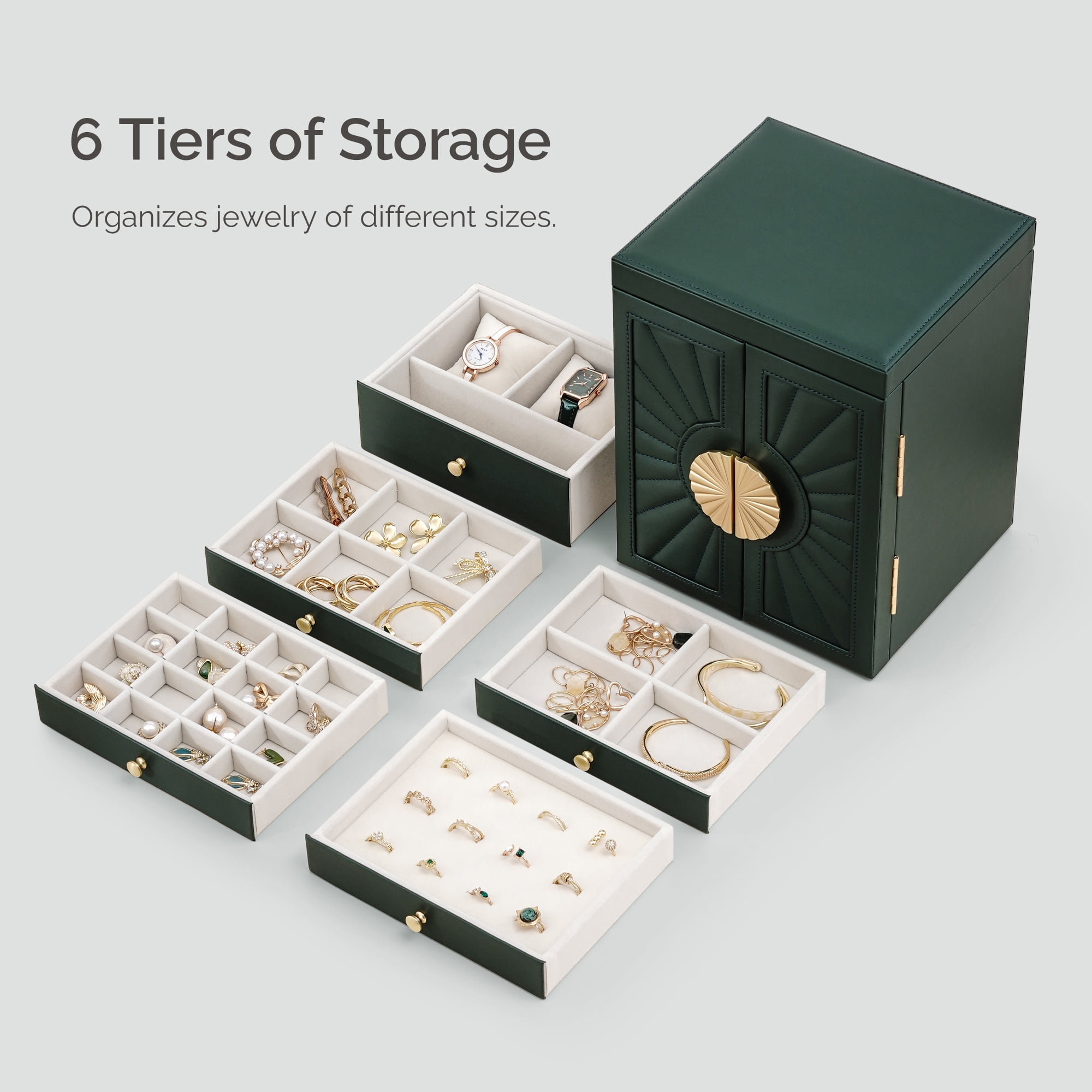 Casegrace 6-Tier Huge Jewelry Box for Women Girls with Mirror 5 Drawers Organizer Necklace Ring Earring Storage Opening Door Gift Case
