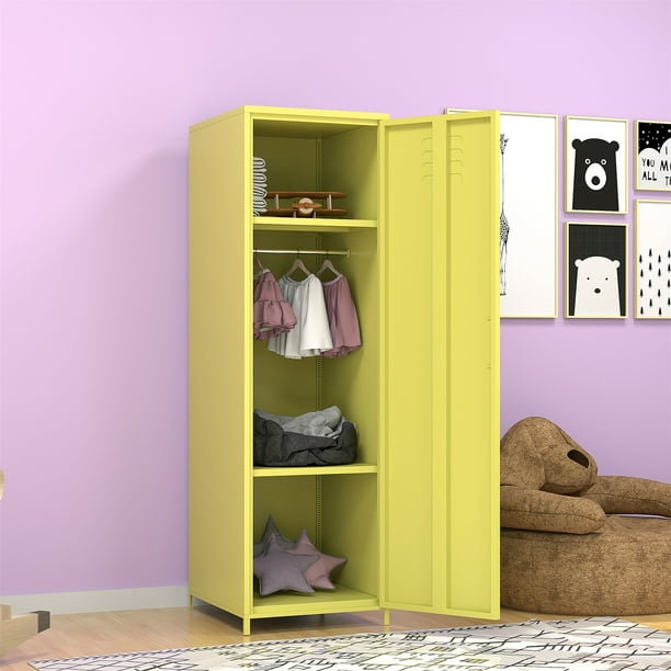 Single Door Metal Locker Storage Candy Colored Wardrobe Dresser With Hanging Rod Shelf Classic Minimalist Clothes Organizer Closet Cabinet For Bedroom Guestroom Yellow Com Single Door Metal Locker Storage Candy, Metal Storage Cabinet With Hanging Rod