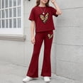 thumbnail image 6 of KVPLBQFD Girls Summer 2 Piece Outfit Heart Embellished Short Sleeve Top + Stretchy Flared Pants Set for Teens Girl Fashion Vacation Travel Clothes, 6 of 7