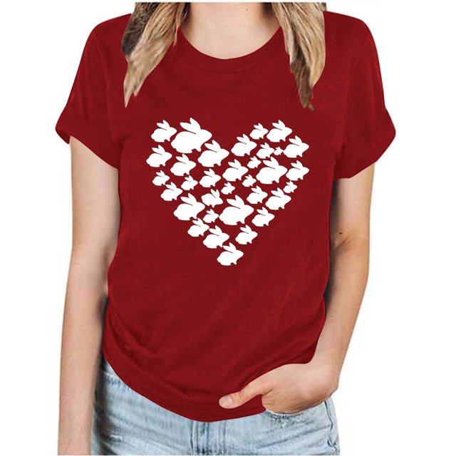 RKSTN Hauts pour Femmes 2024 Été Décontracté Ample Grande Taille Imprimé Graphique Lapin de Pâques Blouse Mode Col Rond Manches Courtes T-shirt