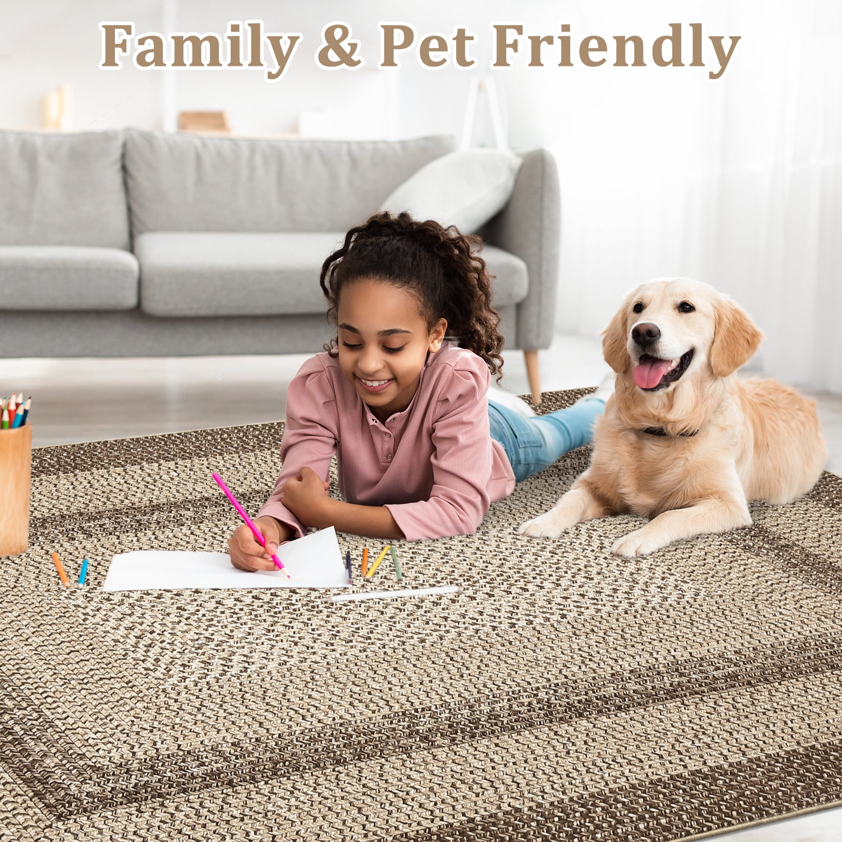 Garvee 9'x12' Printed Braided Rugs Farmhouse Bordered Carpet, Machine Washable Indoor Area Rug Non-Slip Low Pile Rugs for Living Room Bedroom Home Decor, Natural