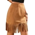 thumbnail image 2 of ClodeEU Womens Suede Fringe Zip Mini Skirt,High Waist Elastic Western Skirts with Country Concert Outfit Brown,Womens Plus L, 2 of 6