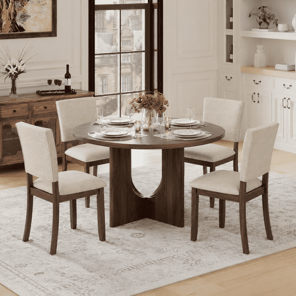 48inch Round Dining Table Set for 4 Modern Solid Wood 5-Piece Kitchen & Dining Room Set with Upholstered Chairs Pedestal Base, Walnut/ white
