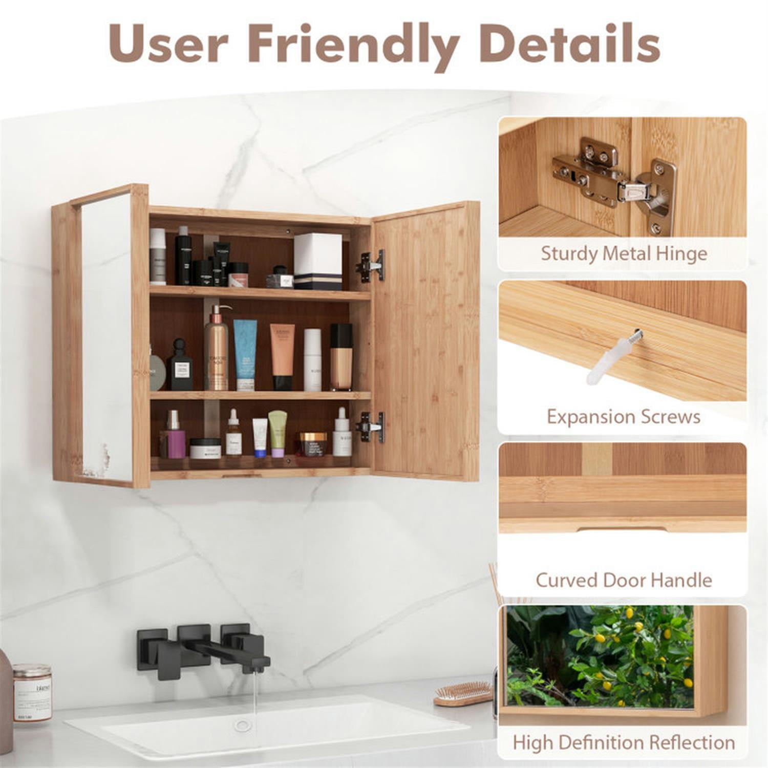 Demi Bonn Bamboo Bathroom Medicine Cabinet with Mirror, Wall Mounted Double Mirror Door Storage Cabinet with Adjustable Shelf for Bathroom Living Room Hallway, Beige