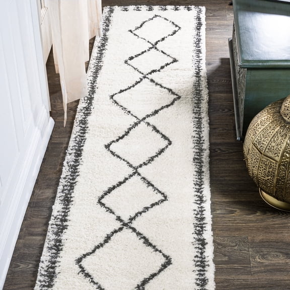 JONATHAN Y MOROCCAN HYPE 2 x 10 Runner Rug, Calvia Moroccan Diamond Shag - White/Gray, MOH404A-210