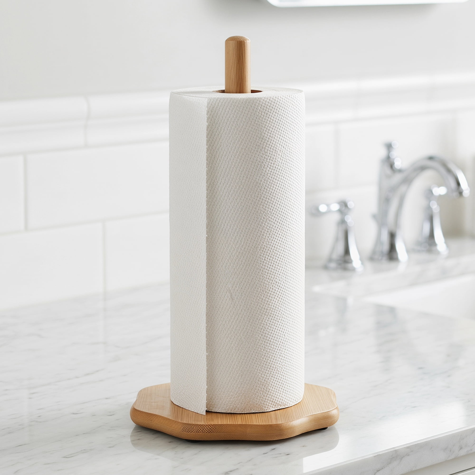 Unique Bargains Paper Towel Holder Countertop Non Slip Base Wood Natural C 11x5.7inch