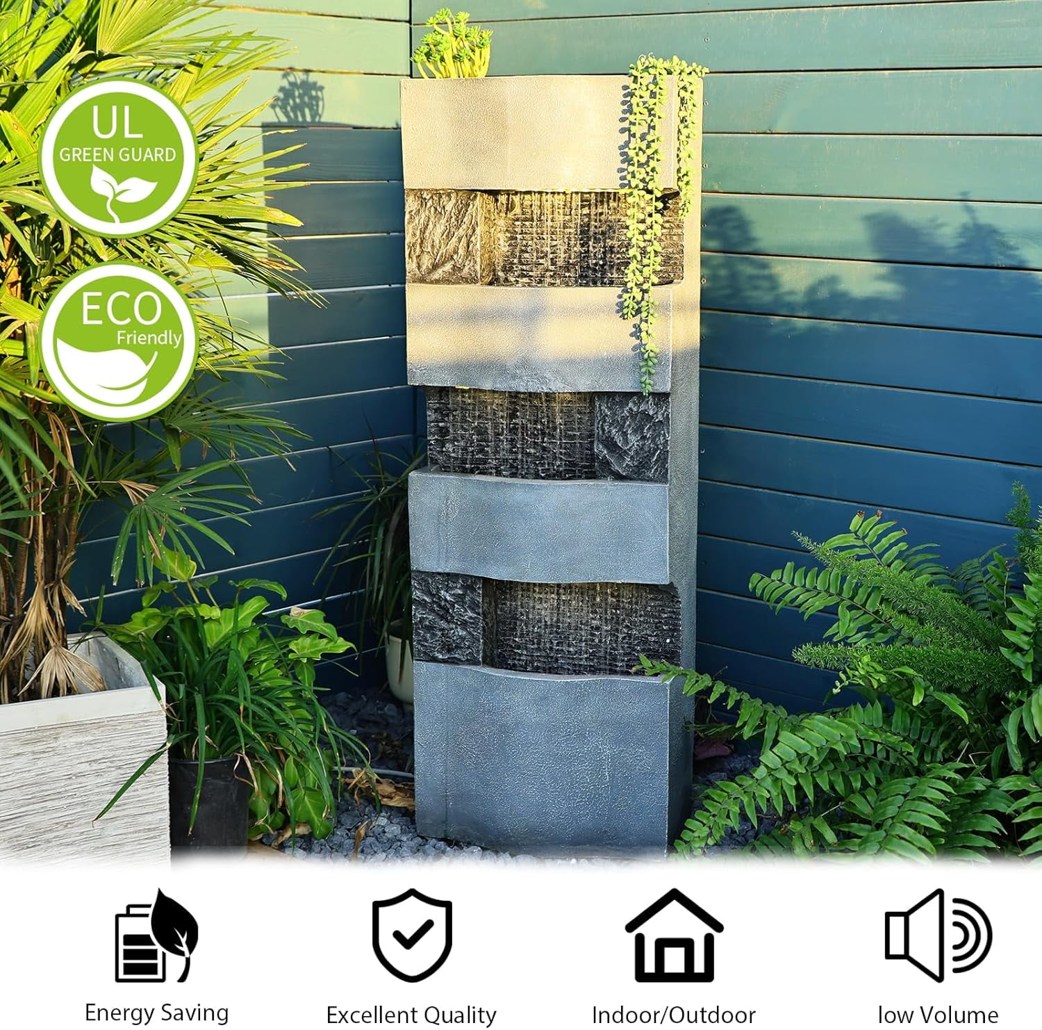 40.5''H 4-Tier Outdoor Water Fountain with LED Lights, Floor Standing Waterfall for Garden Patio & Home Art Decor