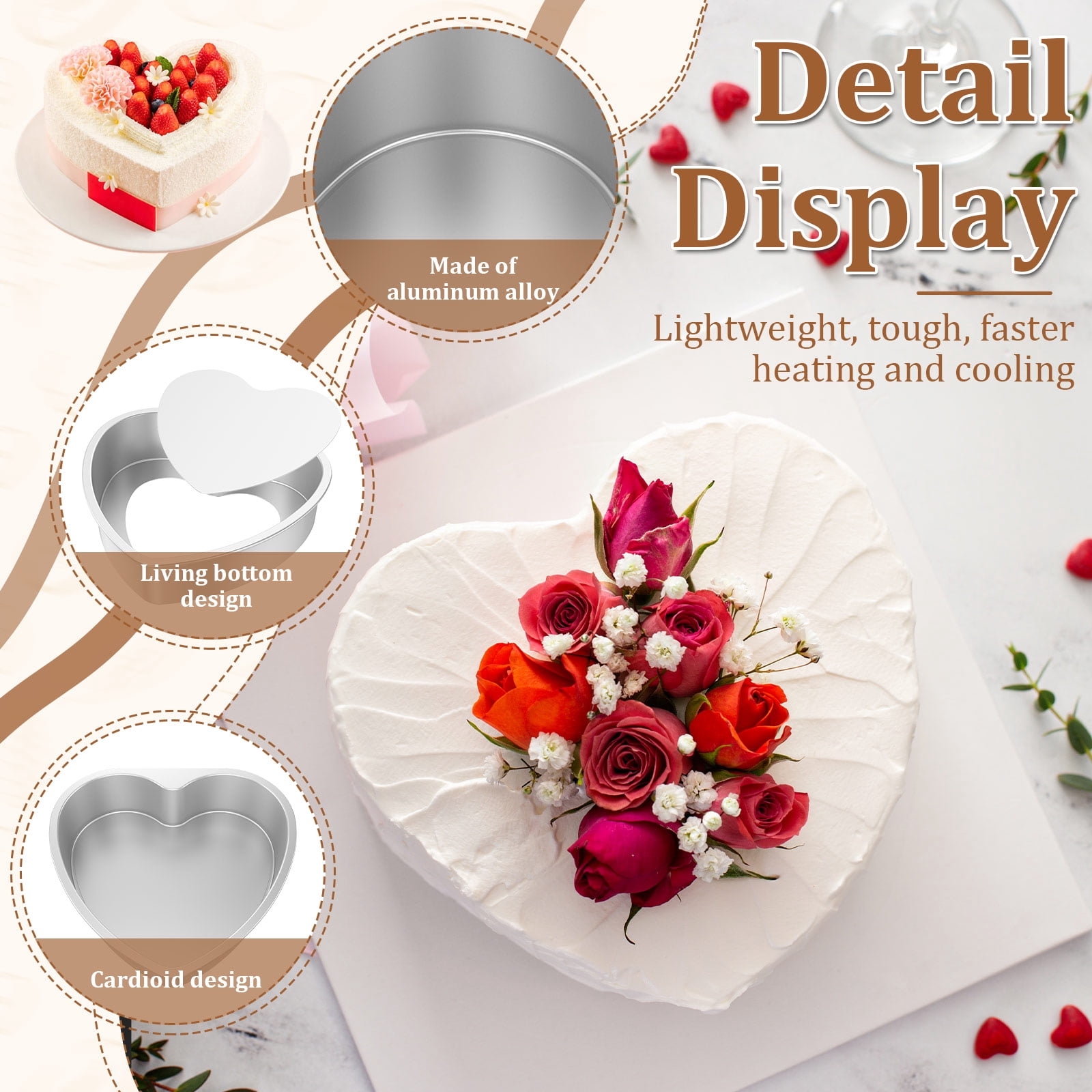 2 Pcs Heart Cake Pan with Removable Bottom 8inch + 10inch Aluminum Alloy Heart Shaped Cake Pan for Baking with 2 Release Knives